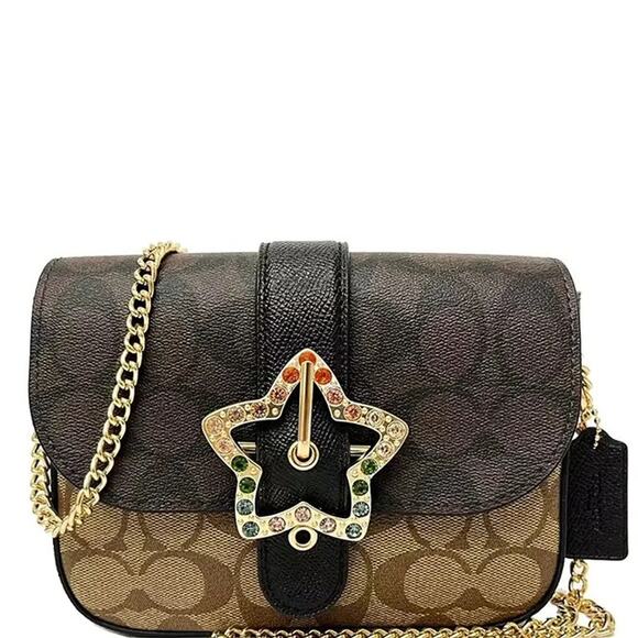 COACH C7013 Gemma Signature Mix Star Buckle Crossbody Bag Khaki Brown Black